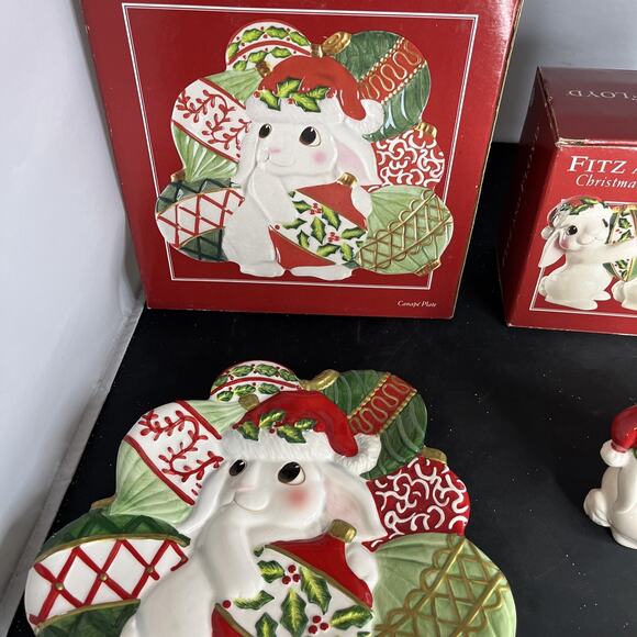 FItz and Floyd Christmas Bunny Blooms 3 Pieces Set Cookie Plate & Salt Pepper - Picture 14 of 14